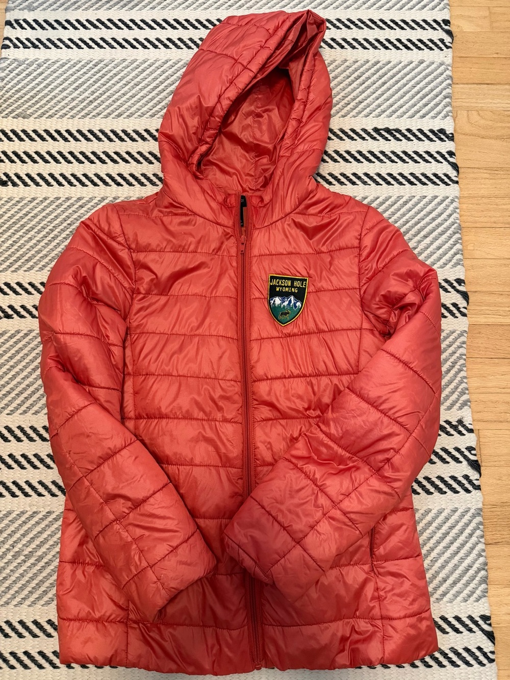 Jackson Hole Wyoming Hooded Puffer Jacket - Coral Red